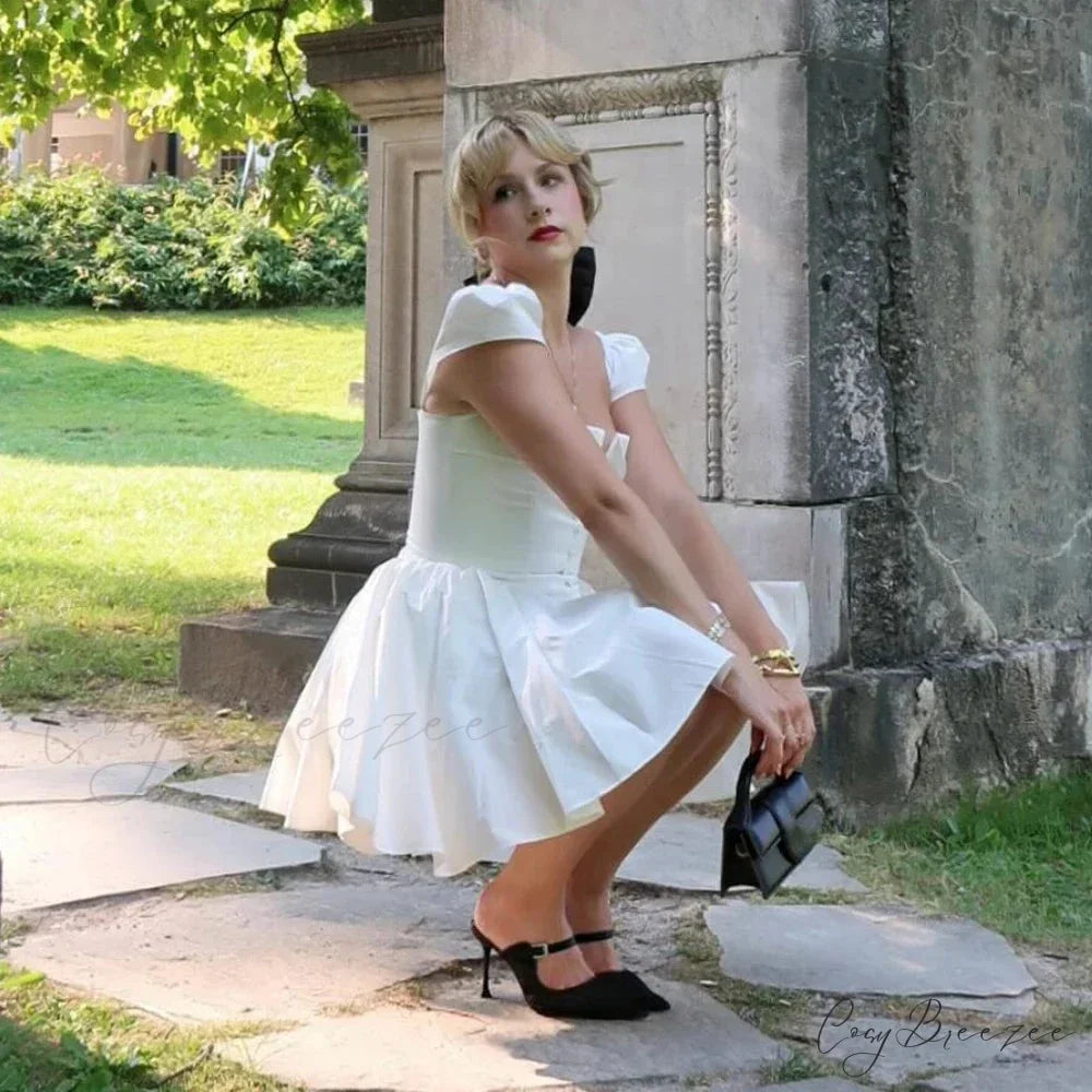 V-Neck Cape Sleeve Fluffy White Mini Dress minidress-250223