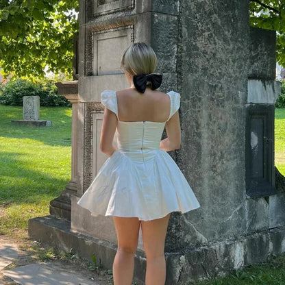 V-Neck Cape Sleeve Fluffy White Mini Dress minidress-250223