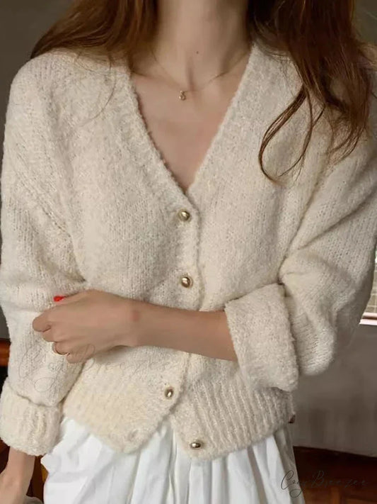 V-neck Cashmere Knit Cardigan Beige / One Size cardigans-241228