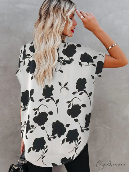 V-Neck Casual Design for Blouse Arm Brief Flowered Women