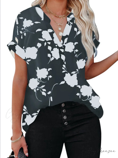 V-Neck Casual Design for Blouse Arm Brief Flowered Women Black / S