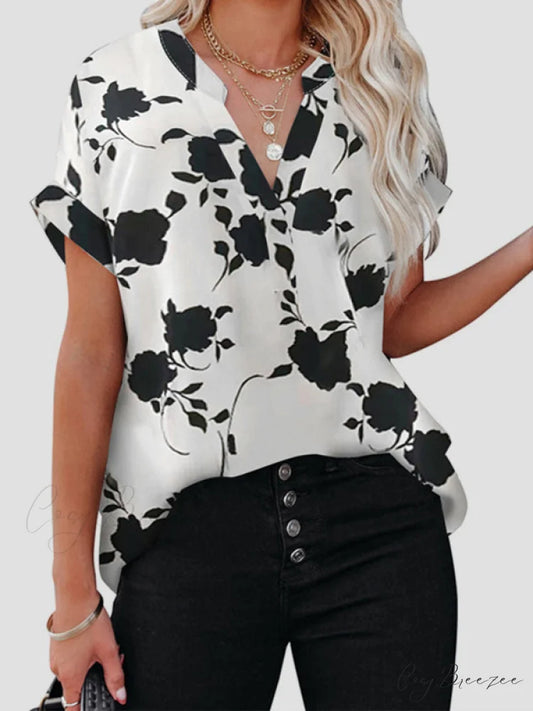 V-Neck Casual Design for Blouse Arm Brief Flowered Women White / S