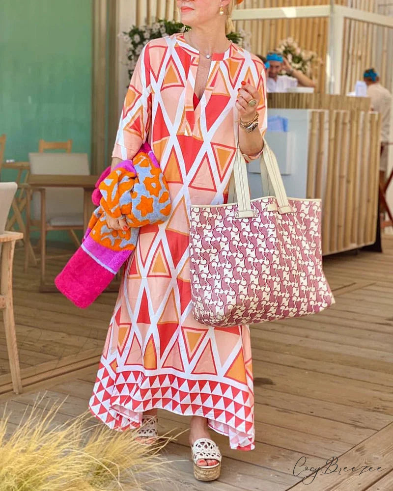 V-neck casual dress with geometric print