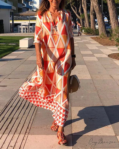V-neck casual dress with geometric print Red / S