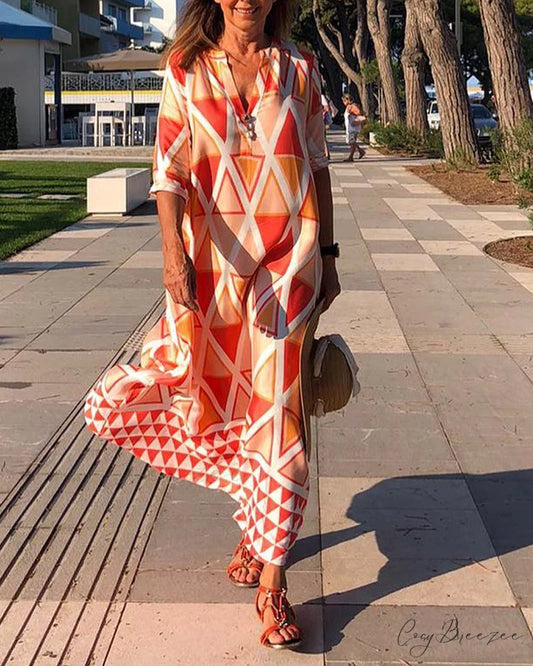 V-neck casual dress with geometric print Red / S