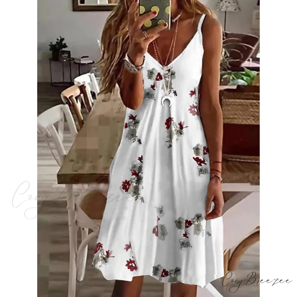 V-Neck Casual Sling Dress for Women Flowers / S