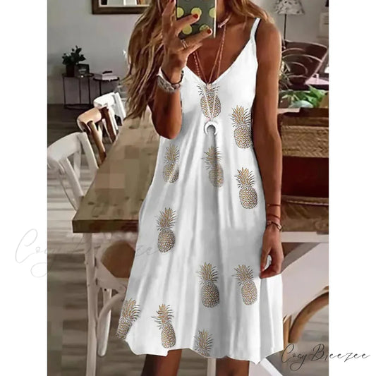 V-Neck Casual Sling Dress for Women Pineapple / S