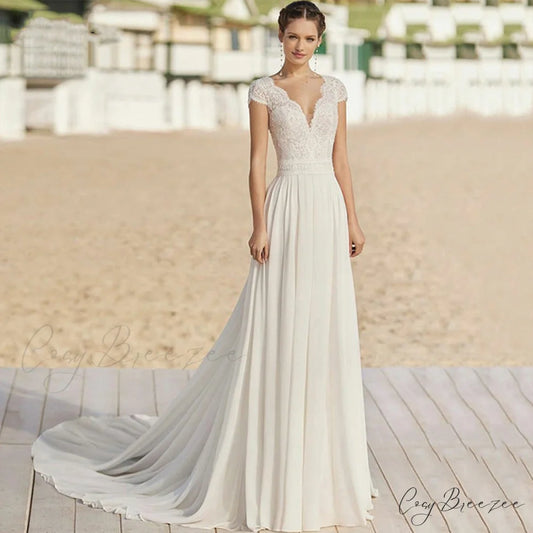 V-Neck Chiffon Lengthy Train Bridal Gown weddingdress-250223