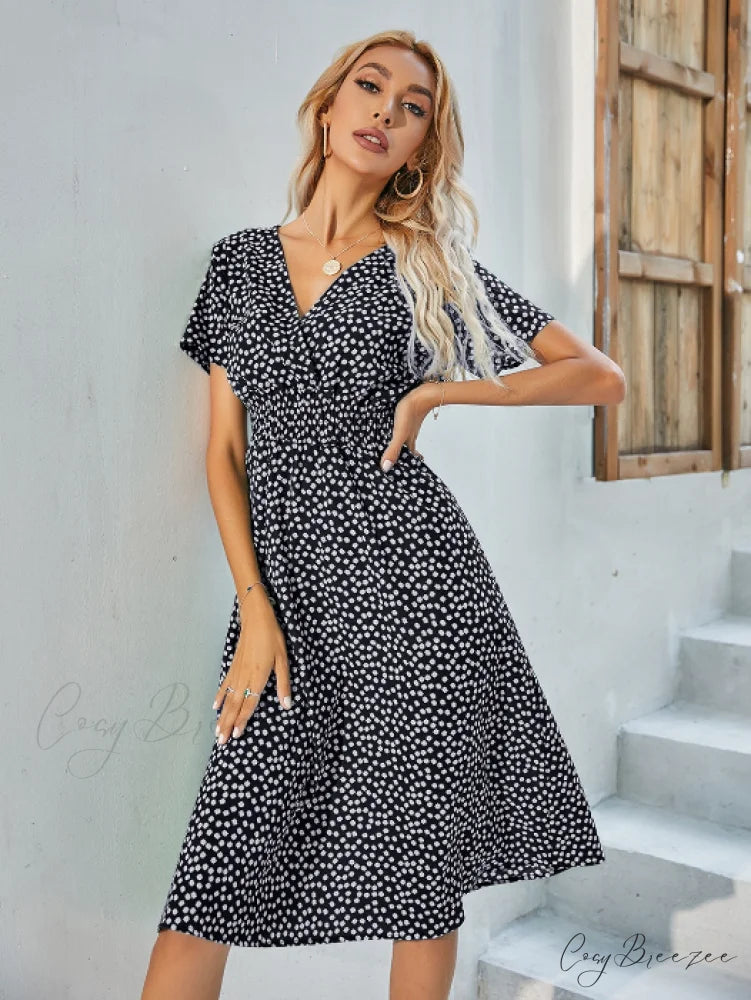 V-Neck Chiffon Long Short-Sleeved Casual Coastal Robe A-Line Dress L / BLACK