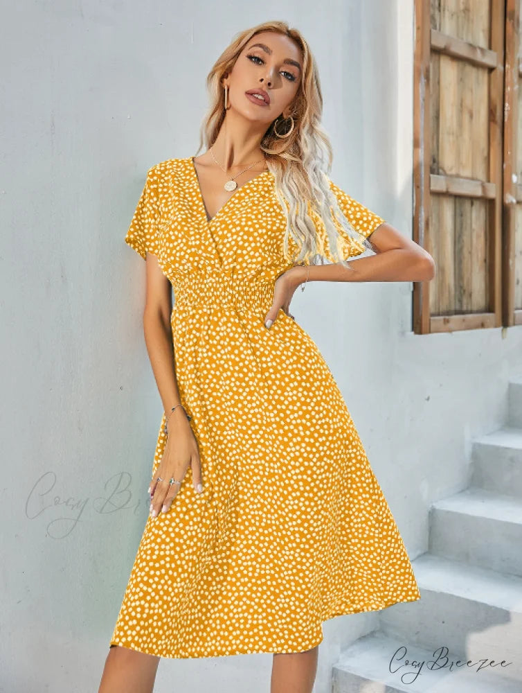 V-Neck Chiffon Long Short-Sleeved Casual Coastal Robe A-Line Dress L / GREEN
