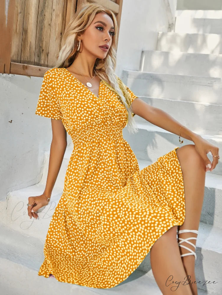 V-Neck Chiffon Long Short-Sleeved Casual Coastal Robe A-Line Dress L / ORANGE