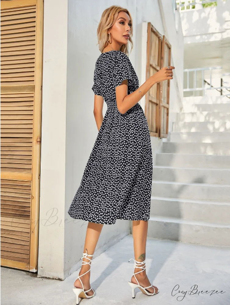 V-Neck Chiffon Long Short-Sleeved Casual Coastal Robe A-Line Dress L / PINK