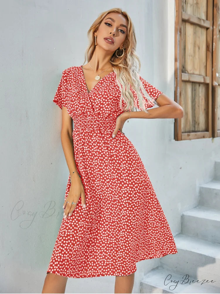 V-Neck Chiffon Long Short-Sleeved Casual Coastal Robe A-Line Dress M / GREEN