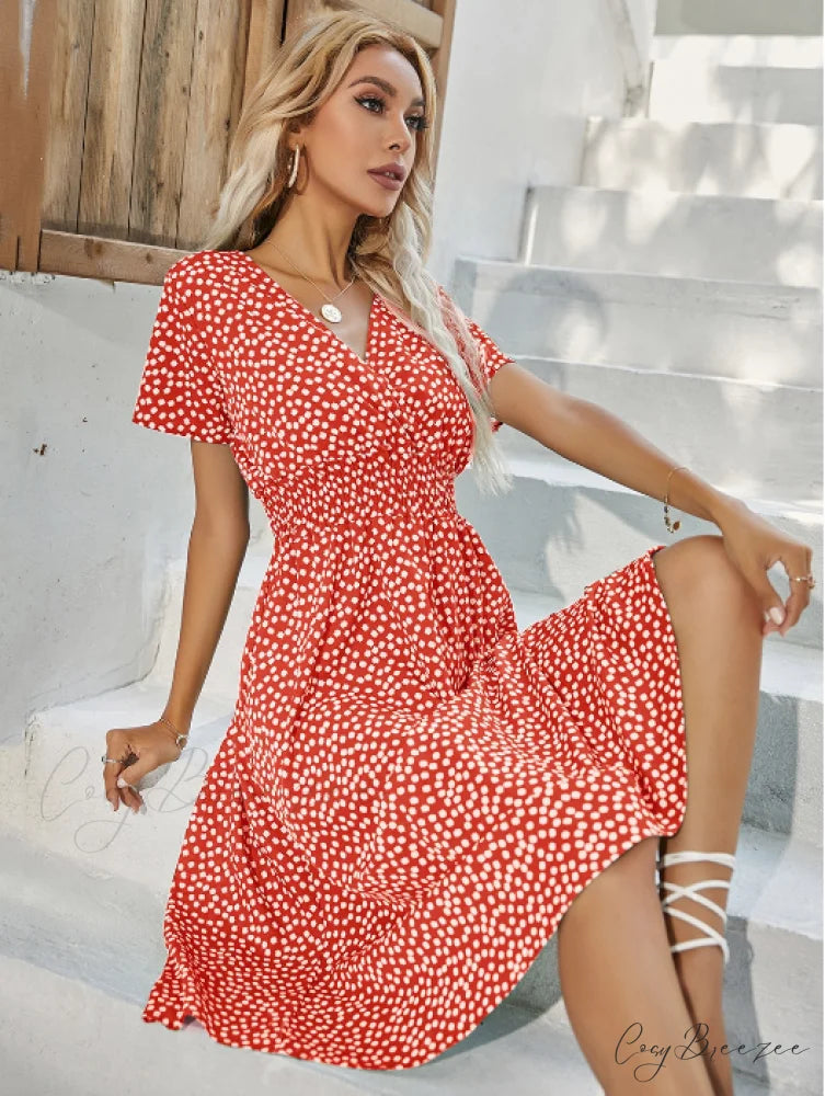 V-Neck Chiffon Long Short-Sleeved Casual Coastal Robe A-Line Dress M / ORANGE