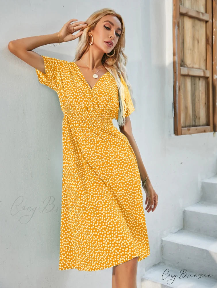 V-Neck Chiffon Long Short-Sleeved Casual Coastal Robe A-Line Dress M / PINK