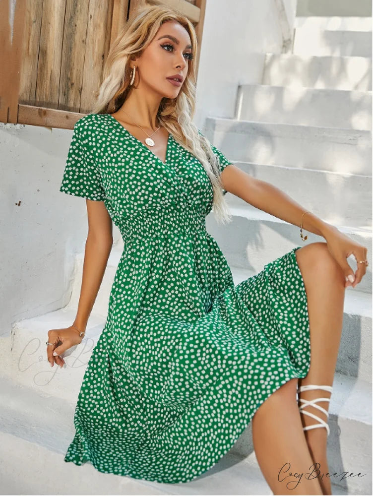 V-Neck Chiffon Long Short-Sleeved Casual Coastal Robe A-Line Dress S / BLACK