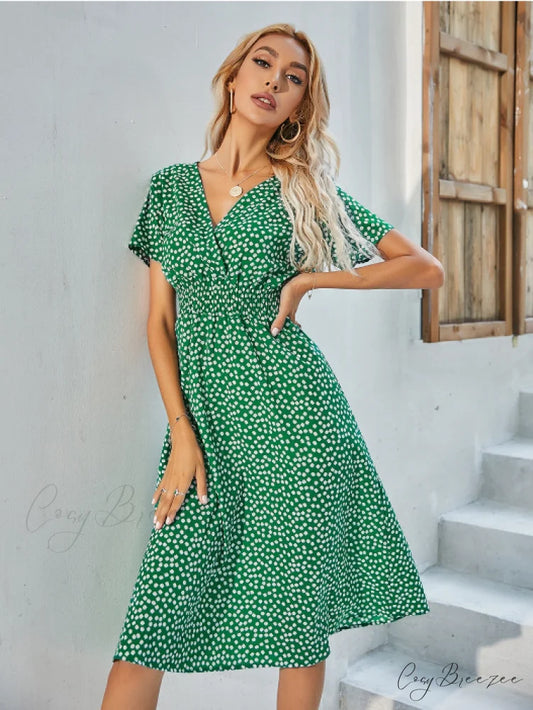 V-Neck Chiffon Long Short-Sleeved Casual Coastal Robe A-Line Dress S / GREEN