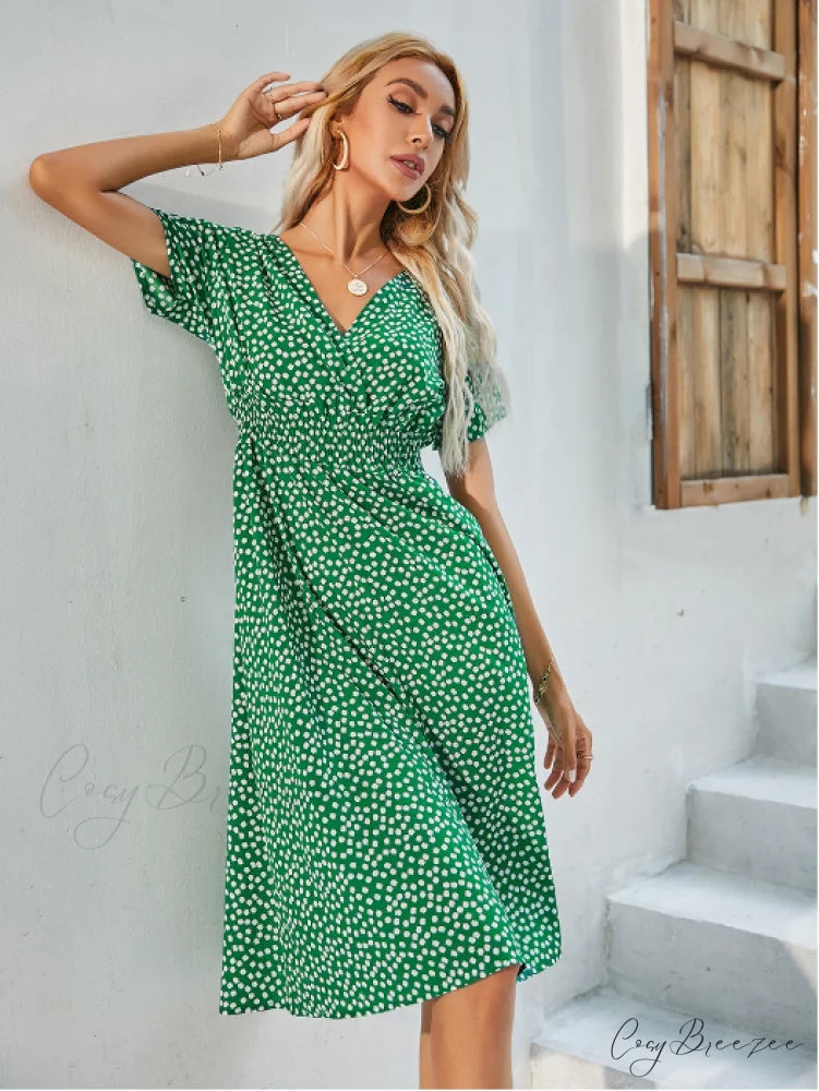 V-Neck Chiffon Long Short-Sleeved Casual Coastal Robe A-Line Dress S / ORANGE