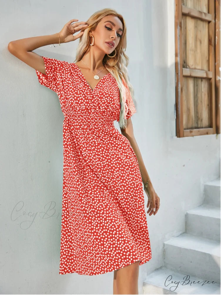 V-Neck Chiffon Long Short-Sleeved Casual Coastal Robe A-Line Dress S / YELLOW