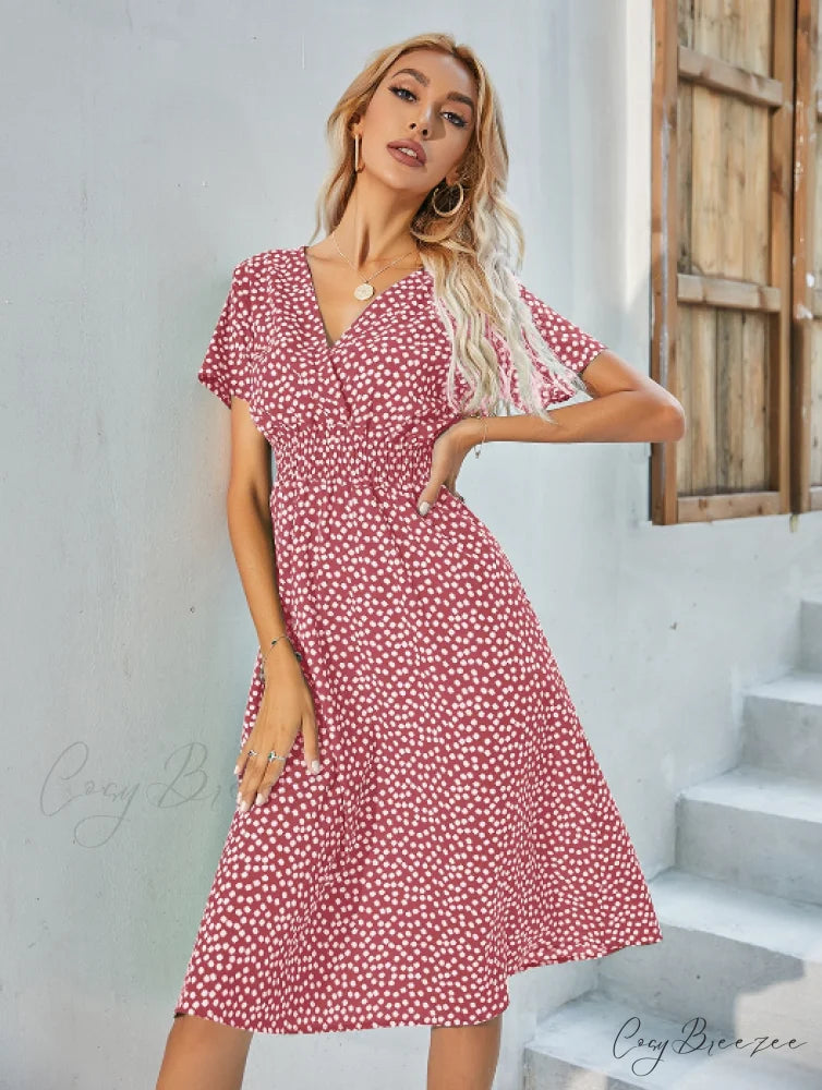 V-Neck Chiffon Long Short-Sleeved Casual Coastal Robe A-Line Dress XL / GREEN