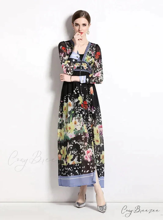 V-Neck Chiffon Printed Long Dress for Summer