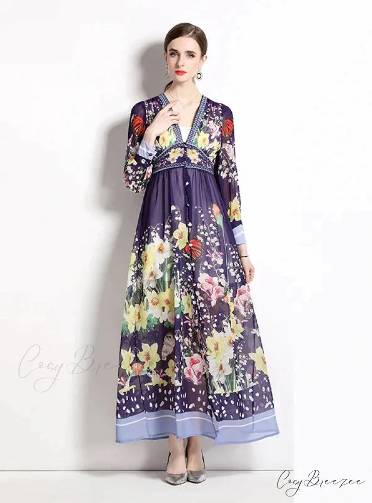 V-Neck Chiffon Printed Long Dress for Summer