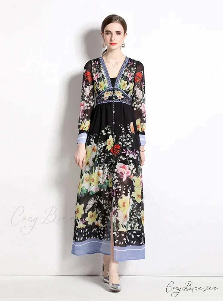 V-Neck Chiffon Printed Long Dress for Summer
