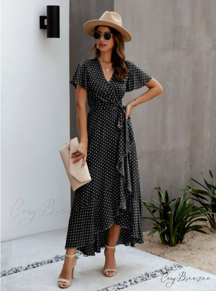 V-Neck Coastal Vacation Dot Polka Short-Sleeved Warm-Season Ruffle for Gown Women M / BLACK