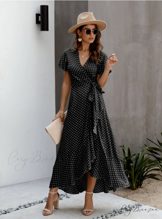 V-Neck Coastal Vacation Dot Polka Short-Sleeved Warm-Season Ruffle for Gown Women S / BLACK