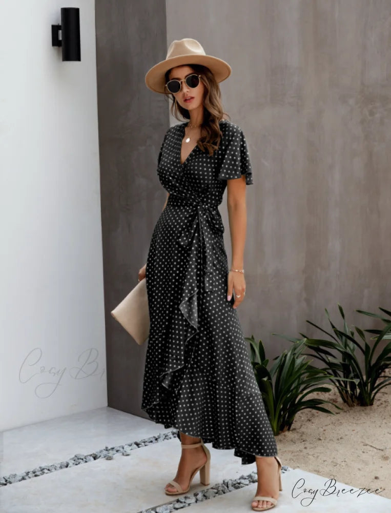 V-Neck Coastal Vacation Dot Polka Short-Sleeved Warm-Season Ruffle for Gown Women S / GREEN
