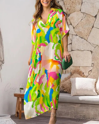 V Neck Color Block Print Dress