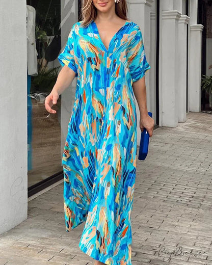V Neck Color Block Print Dress Blue / S
