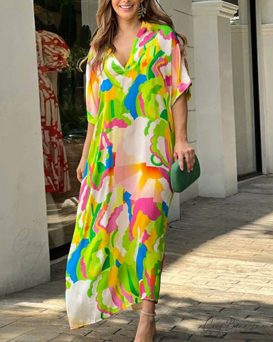 V Neck Color Block Print Dress Green / S