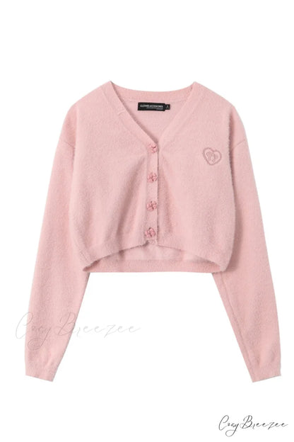 V Neck Color Solid Cardigan Pink / S