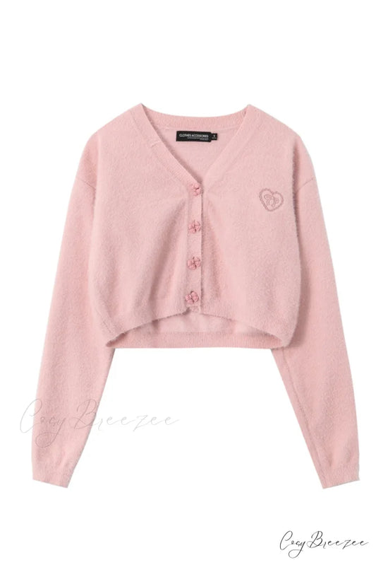V Neck Color Solid Cardigan Pink / S