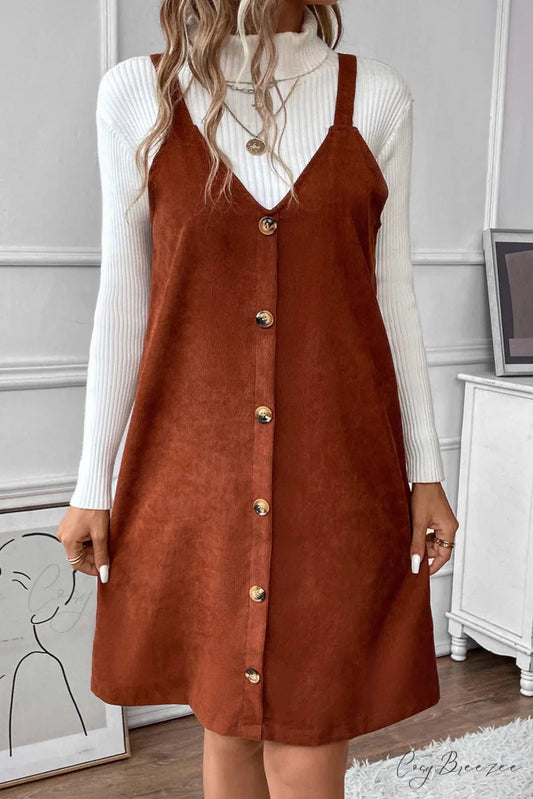 V Neck Corduroy Cami Dress Brown / S
