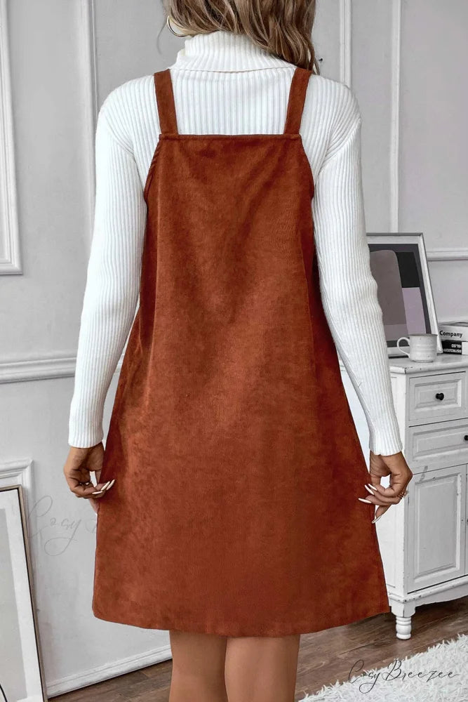 V Neck Corduroy Cami Dress Brown / XL