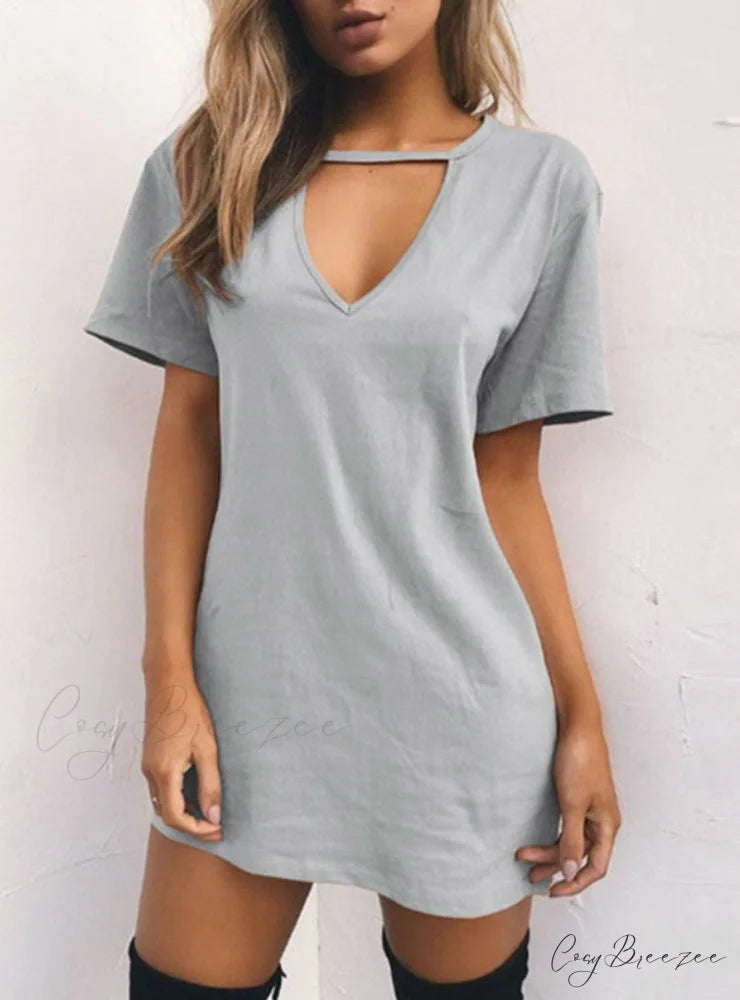 V Neck Cotton Summer Dress Women Solid Casual Loose M / Pink