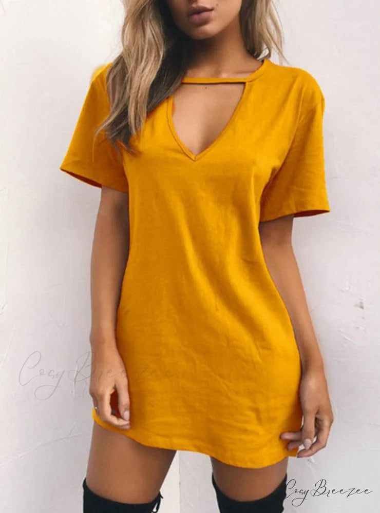 V Neck Cotton Summer Dress Women Solid Casual Loose S / Blue