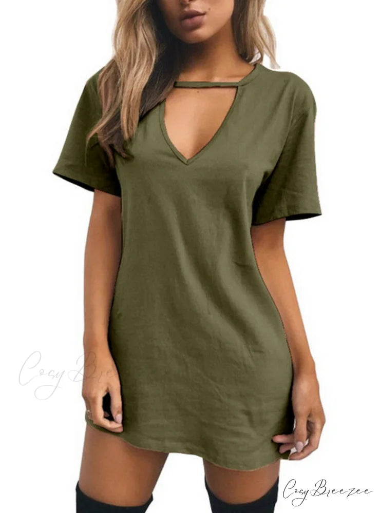 V Neck Cotton Summer Dress Women Solid Casual Loose S / White
