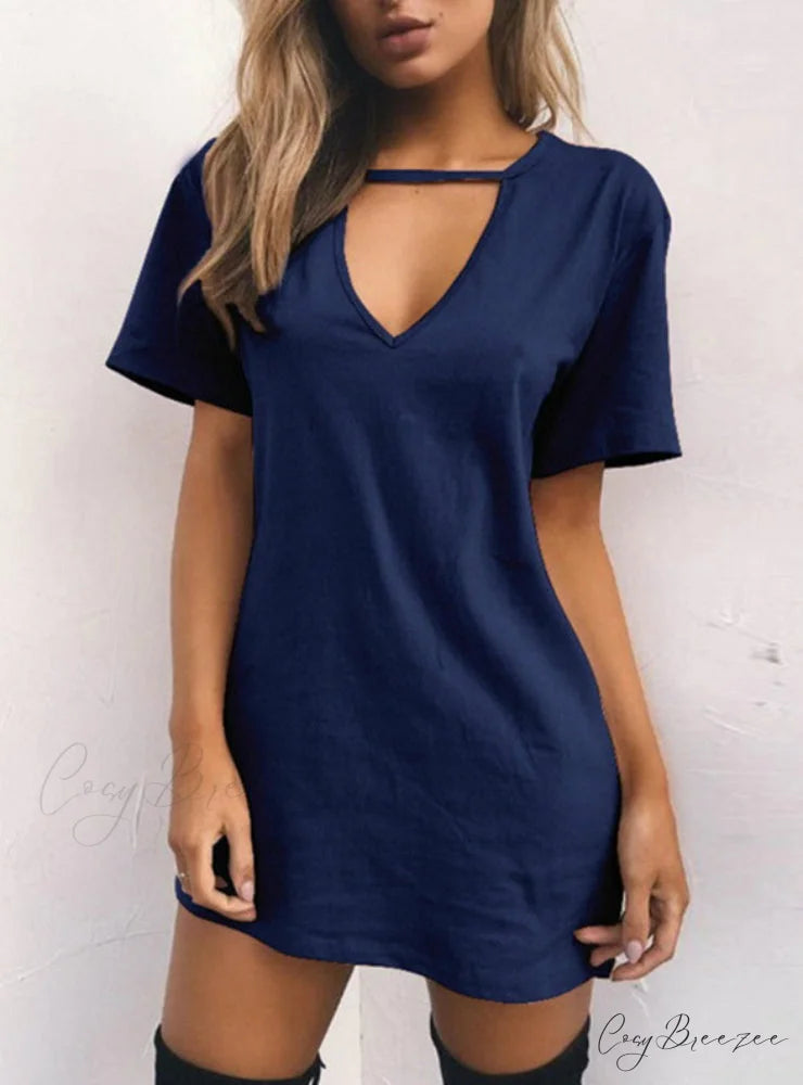 V Neck Cotton Summer Dress Women Solid Casual Loose S / Wine Red