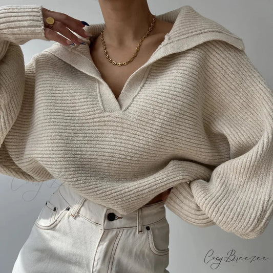 V-neck Cozy Ivory Sweater swraters-241228