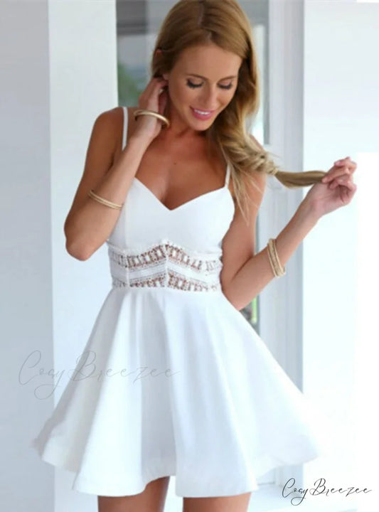 V Neck Crochet Lace Skater Dress with Waist Strap S / White