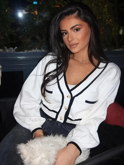 V-neck Cropped Contrasting Cardigan cardigans-241228