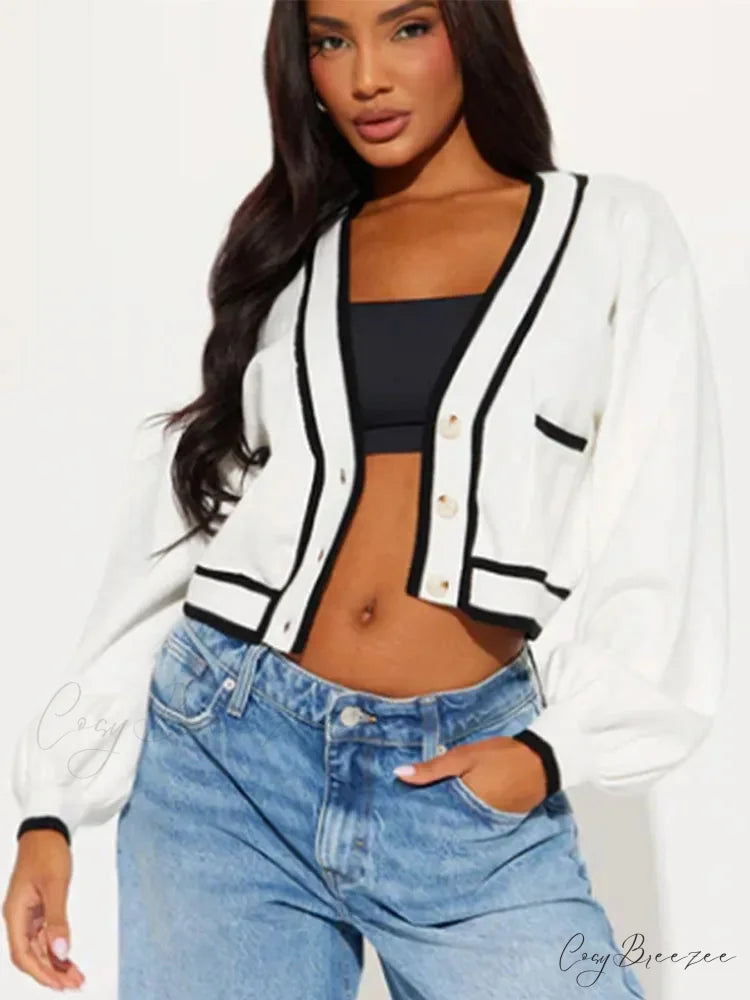 V-neck Cropped Contrasting Cardigan White / S cardigans-241228