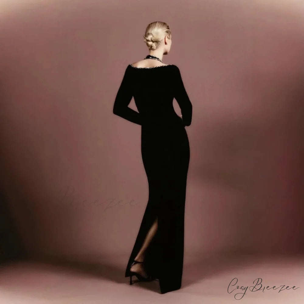 V-Neck Crystal Bandage Long Sleeve Autumn Formal Dress black / XS promdress-250223