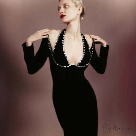V-Neck Crystal Bandage Long Sleeve Autumn Formal Dress promdress-250223