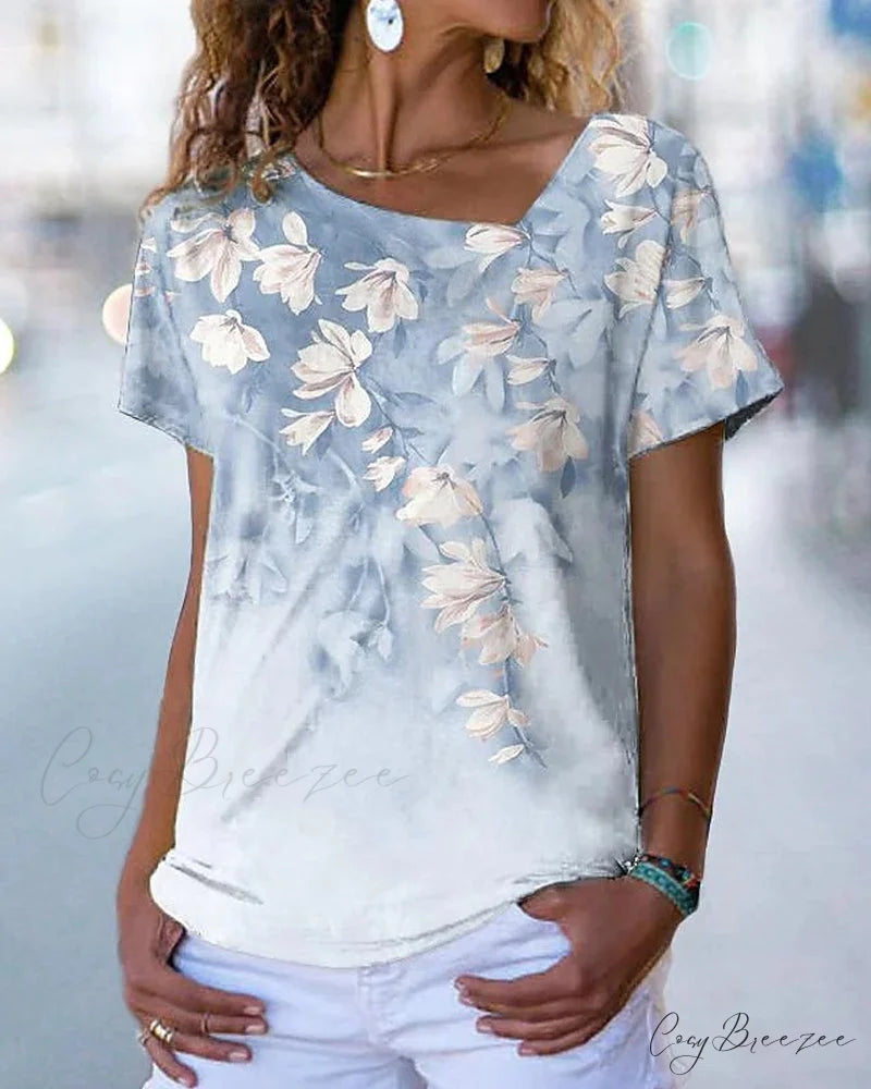 V-neck Design Flowered T-shirt