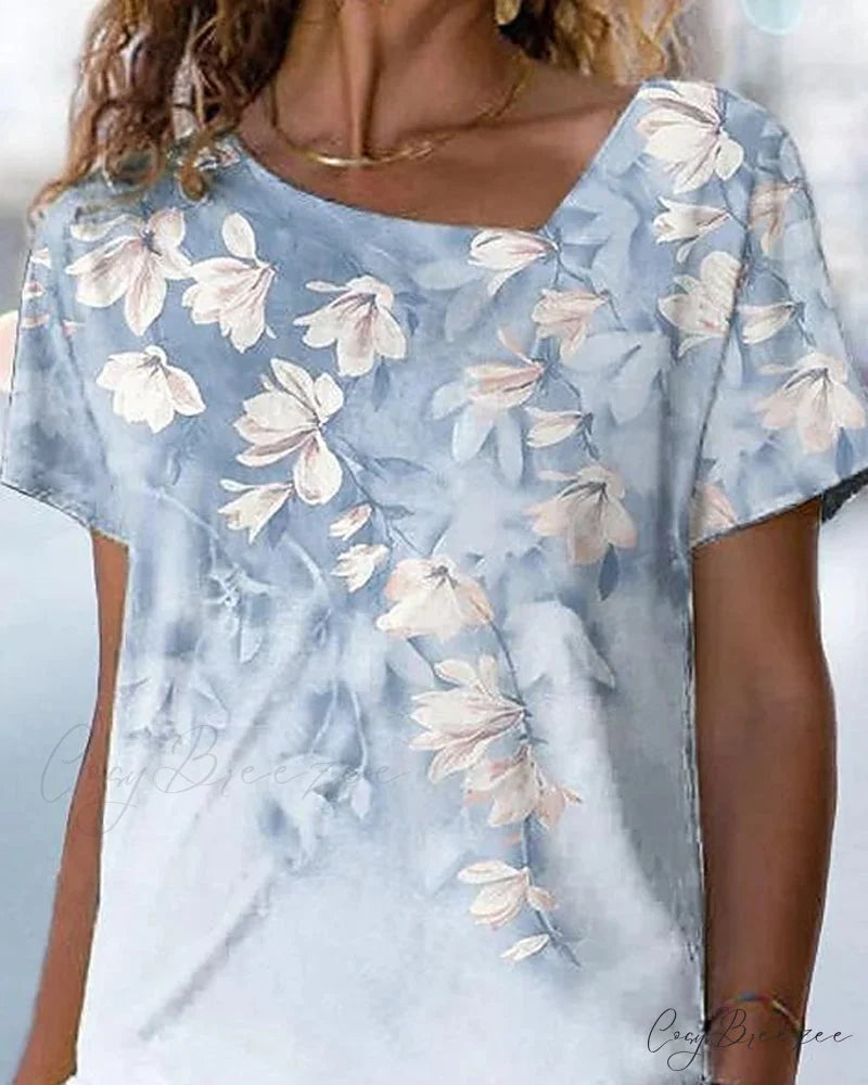 V-neck Design Flowered T-shirt