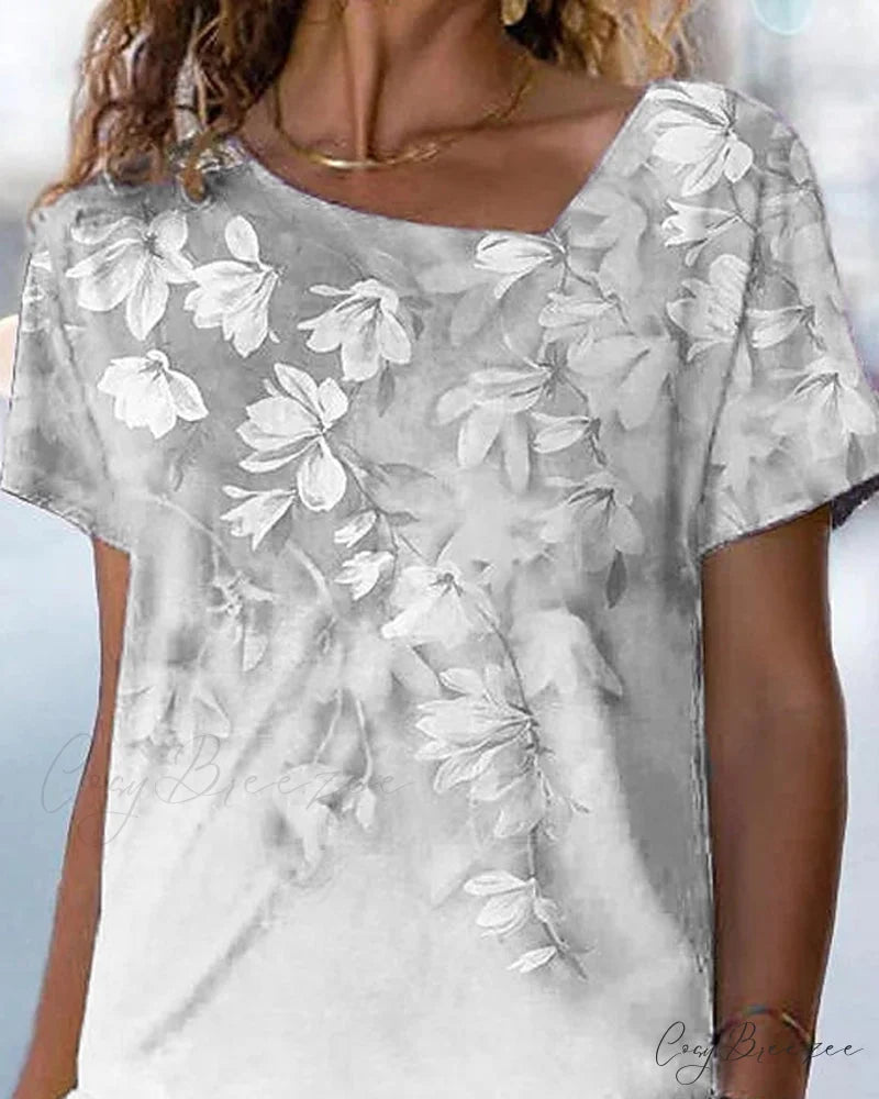 V-neck Design Flowered T-shirt